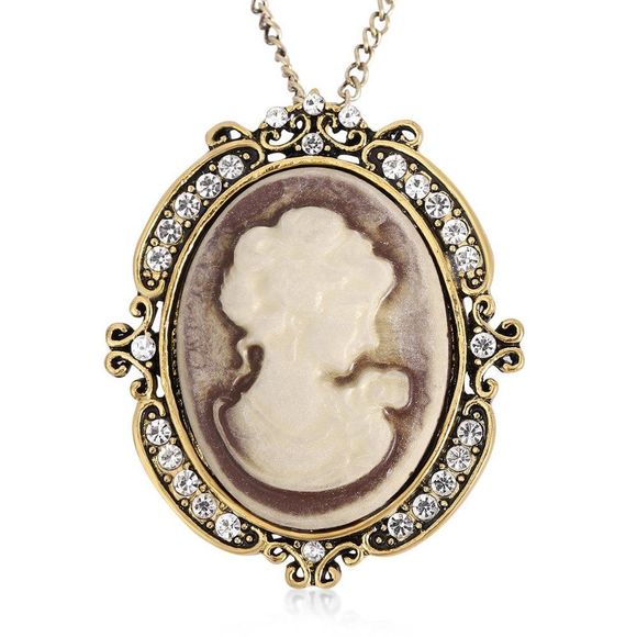Jewelry - Cameo and White Austrian Crystal Pendant Necklace 24-26 Inches in Goldtone